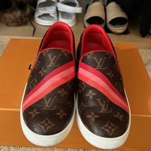 Louis Vuitton Brown/Red Monogram Leather Slip On Sneakers